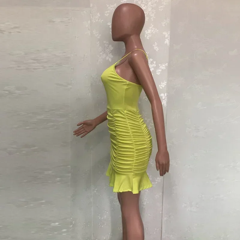 Guwu cinta de espaguete ruched babados hem sereia bandagem mini bodycon vestido feminino verão sexy vestidos de festa