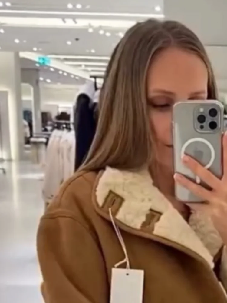 

Women Suede Solid Lamb Wool Reversible Jacket Lapel Collar Single Breasted Pocket Short Warm Coats Lady 2025 Office Outwears