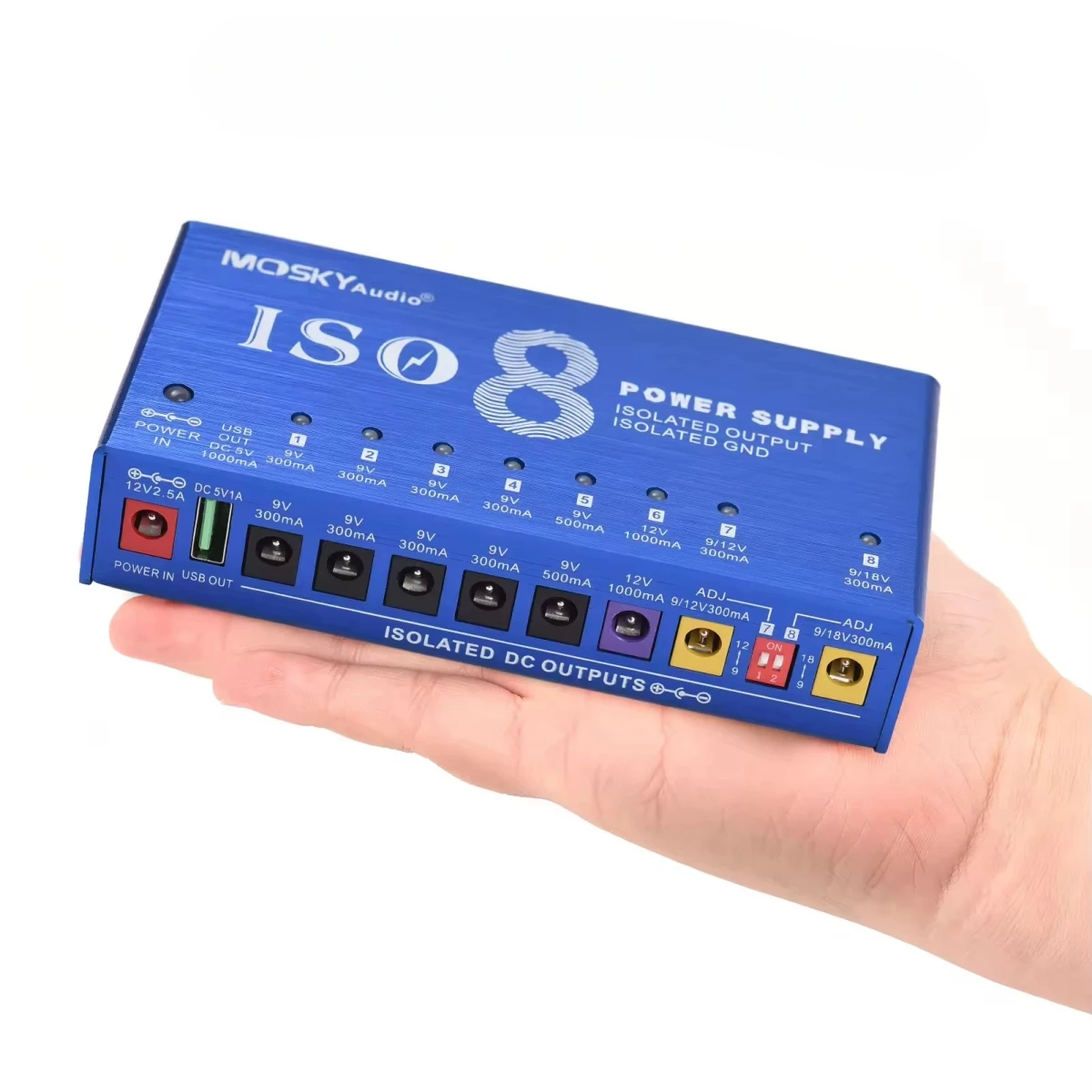 

Mosky ISO-8 Guitar Pedal Power Supply 8 Isolated DC Outputs 5V USB Port for 9V 12V 18V Effect Pedals Compact for Stage Gig