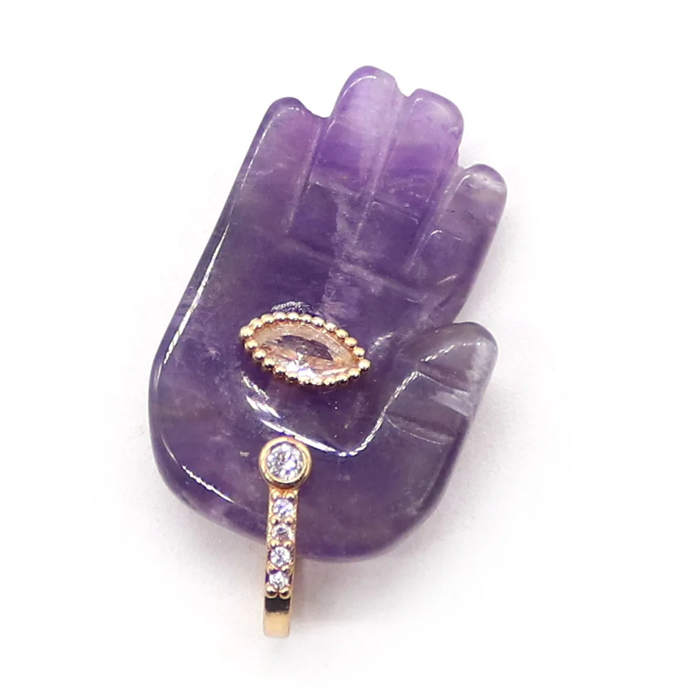 Personalized Polished Palm-shaped Agate Pendant Evil Eye Inlay and Single Hole Natural Stone Crystal Material DIY Accessory