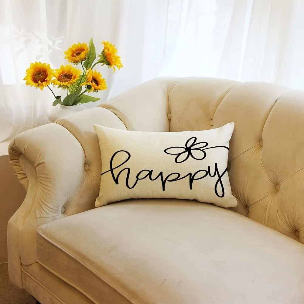 1pc Happy Simple Flower Printed Lumbar Pillow Cover,Suitable for Sofa, Bedroom, Living Room, Study, Healing Gift for Life Lovers