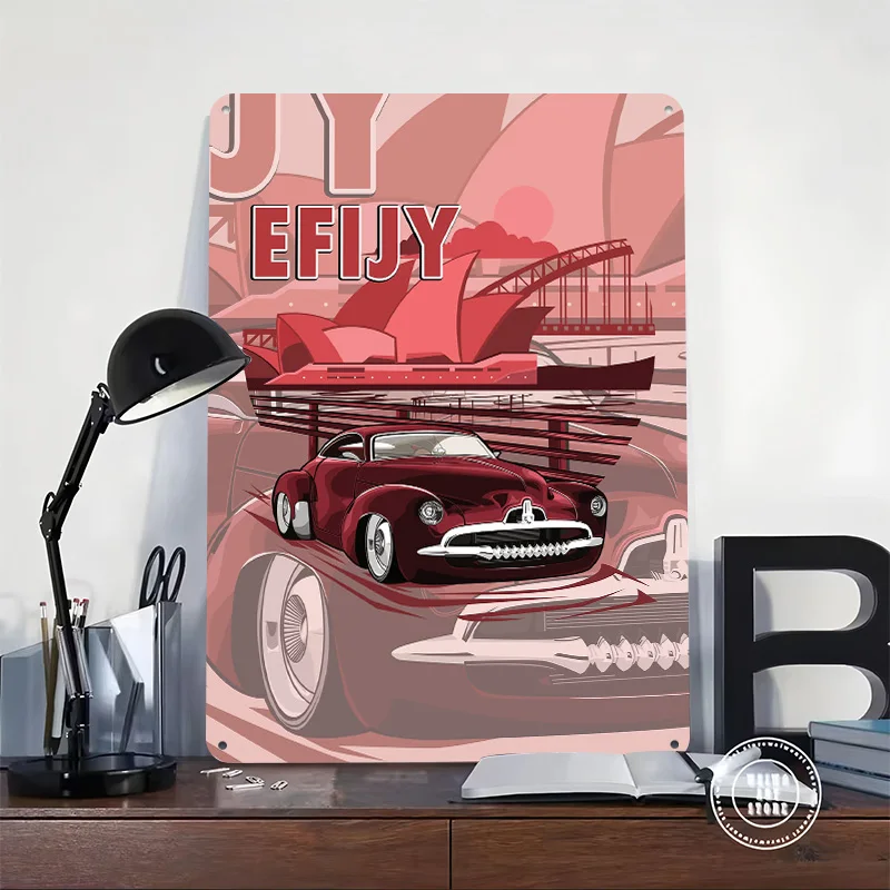 Red With Sydney Skyline Car Tin Poster Customized Retro Wall Art Vintage Metal Signs for Garage Aesthetic Room Decor Men Home