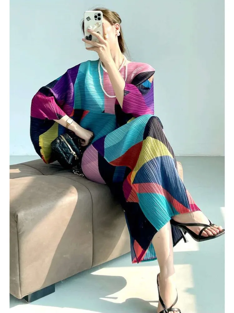 sachin and babi light blue dress GVUW Pleated Batwing Sleeves Dress for Women's 2025 Autumn High End Fashionable and Relaxed Print
