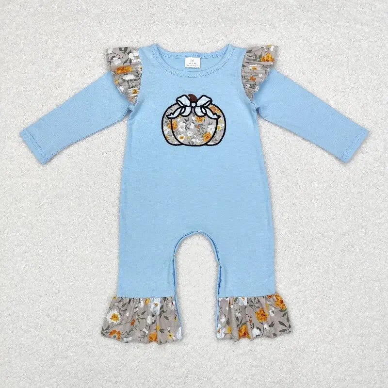

8.18y Girls' Thanksgiving Embroidered Butterfly Pumpkin Flower Lace Romper Long-Sleeved Blue Jumpsuit Wholesale