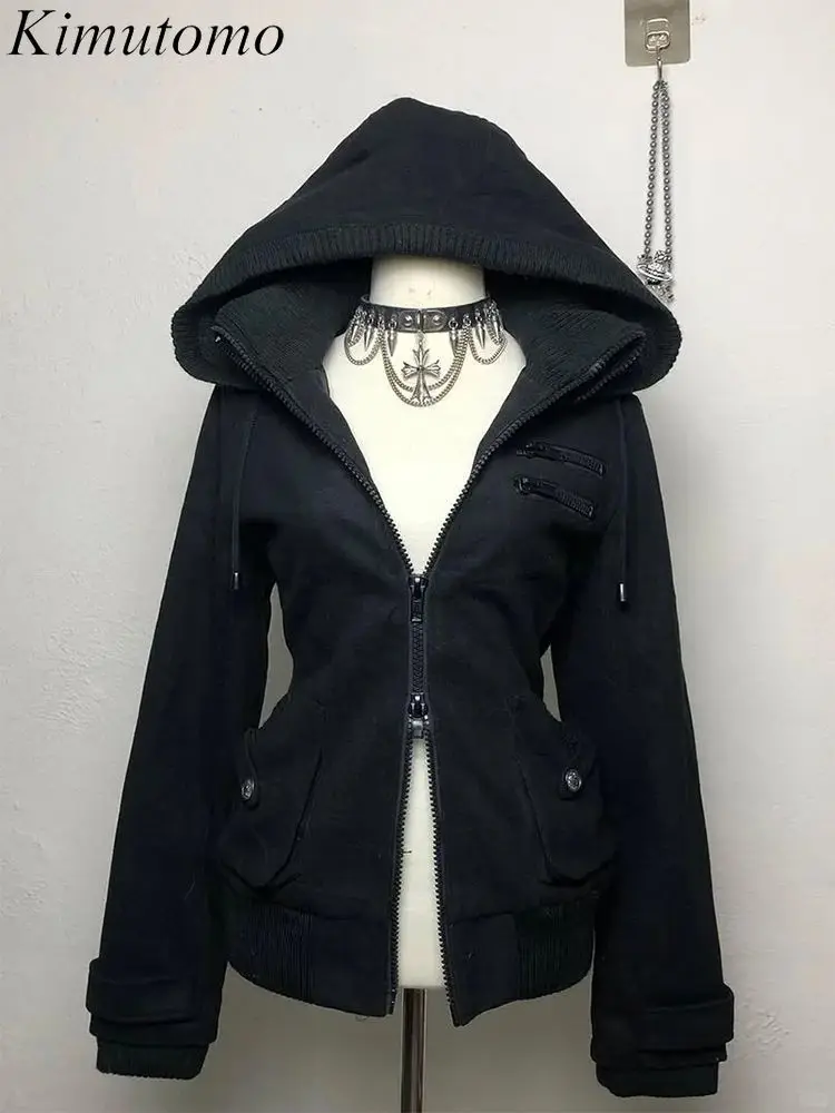 

Kimutomo Gothic Jackets Women Vintage Hooded Zipper Outwear Grunge Slim Y2k Aesthetic Coats Fashion Female Autumn Winter