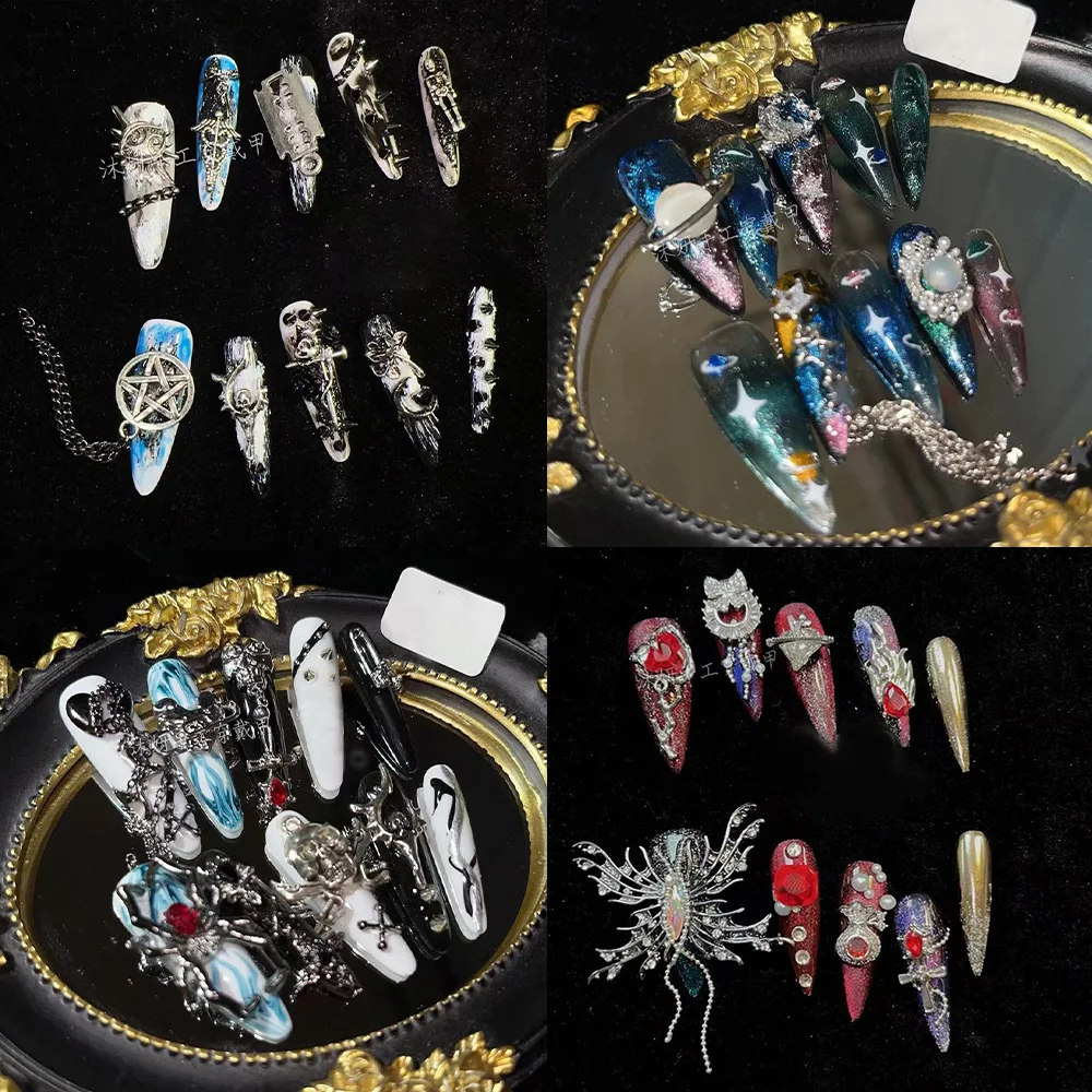 adesivos-de-unha-falsos-para-festa-estilo-gotico-dark-hottie-com-corrente-de-rebites-cruzados-pontiagudos-longos-feitos-a-mao-e-design-3d-de-aranha-dragao-estrela-e-flor