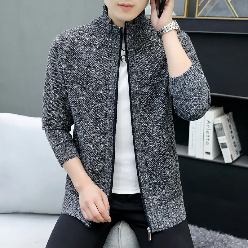 Men\'s Winter Knitted Sweater Pullover Print Korean Fashion Clothes Knitwears Clothing Standing Collar Cardigan Jacket