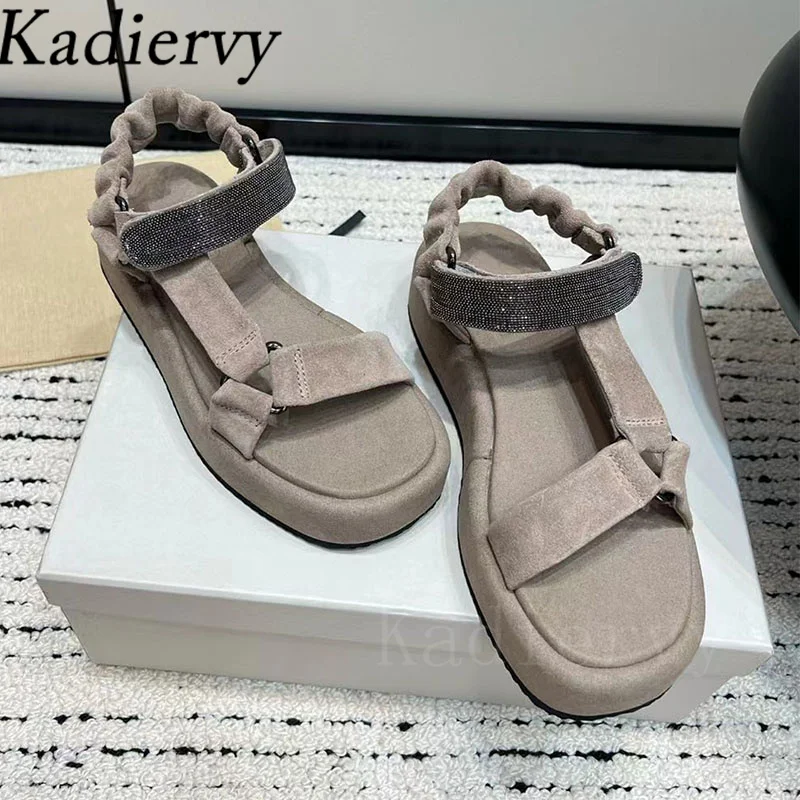 New Flat Platform Sandals Women String Bead Hook & loop Genuine Leather Casual Summer Shoes Woman Thick Sole Sandalias Woman