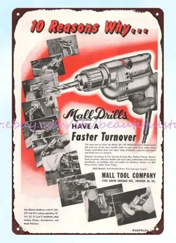 1948 Mall drills Mall Tool Co. Chicago Illinois metal tin sign tin garage signs