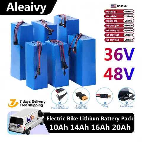 Genuine Aleaivy 36V 48V Battery 10Ah 14Ah 16Ah 20Ah 18650 Battery Pack for 200-2000W Bike, Bicycle, Scooter & Other Motors