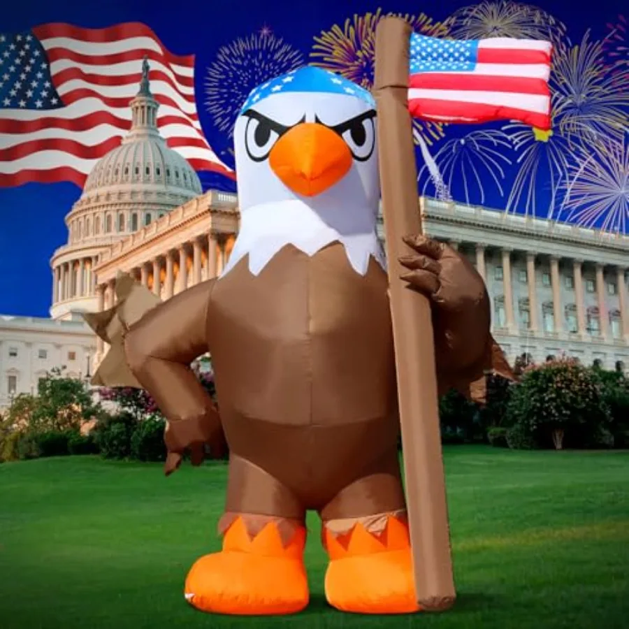 

Outdoor inflatable patriotic eagle decoration with waving American flag, red-white-blue color scheme, weather-resistant PVC mat