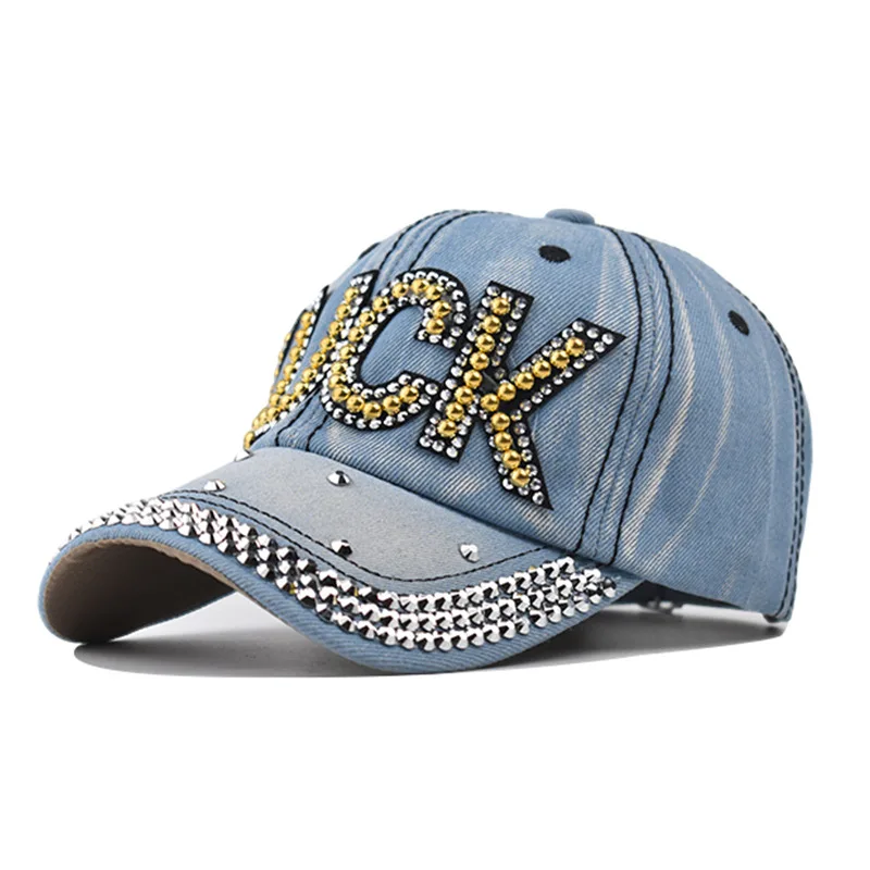 

Baseball Cap Denim Luck Rhinestone Men Adjustable Hat Sun Protection Accessory For Golf Holiday Running Sports Outdoor