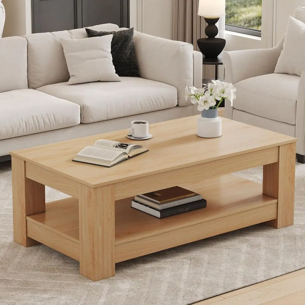 

43.3 Double-Layered Wooden Coffee Table, Natural Wood Finish, Ideal for Living Rooms, Bedrooms, and Offices
