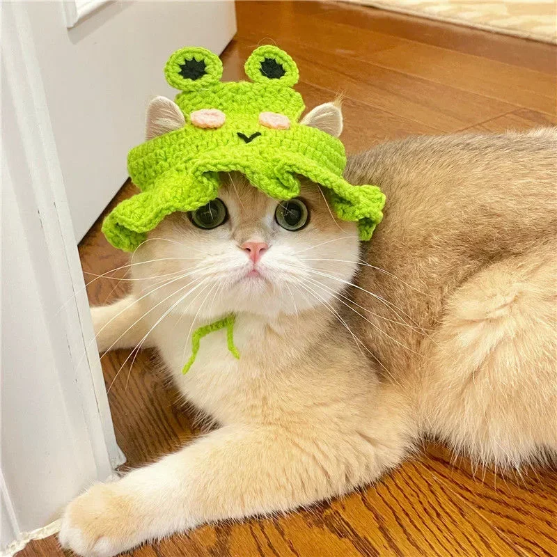 Cat Hat Cute Frog Shape Bunny Ears Funny Pet Cap Kitten Halloween Costume Cat Birthday Small Dogs Puppy Rabbit Sunflower