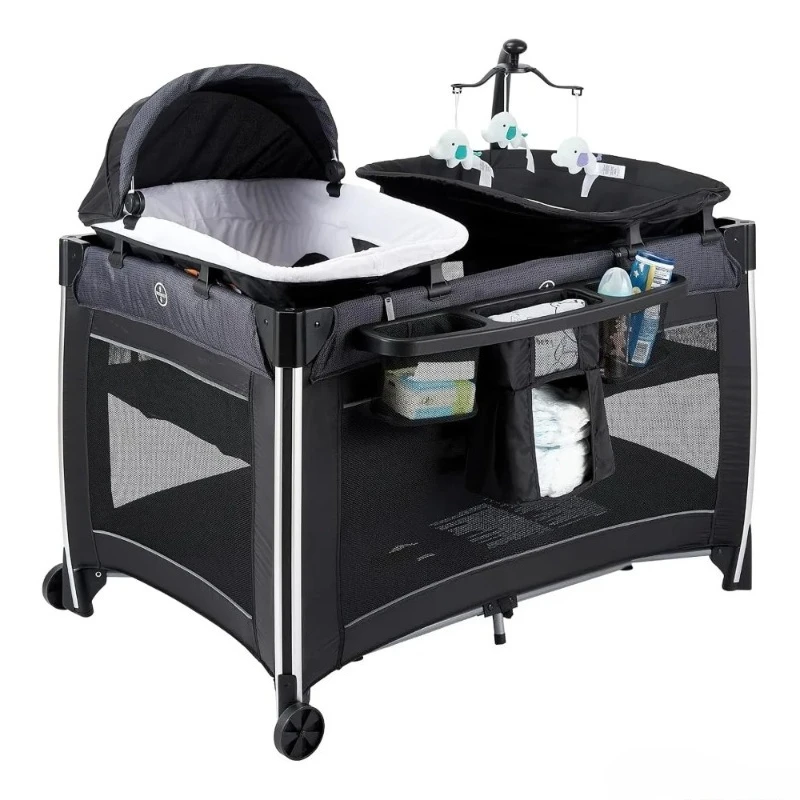 4 in 1 Baby Playards with Bassinet & Changing Table, Portable Crib Breathable Mesh and Toy Mobile