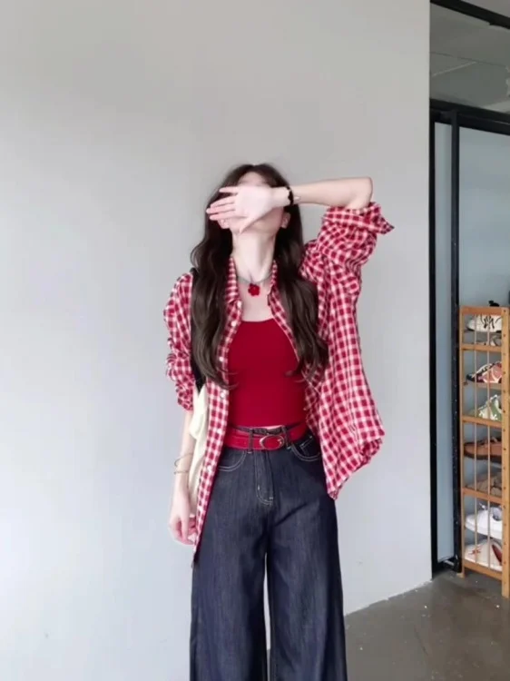 

Retro American Red Plaid Long Sve Women's irt Spring Outerwear Lazy Sle Sun Protection Top Loose Fit Button up