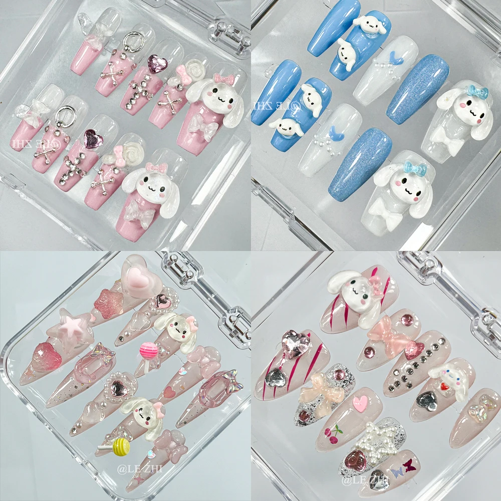 Kawaii Elegance Giyilebilir Çivilere Basın Hello Kitty Cinnamoroll 3D Karikatür Yanıp Sönen Rhinestone Şeffaf Pembe Çıplak Tırnak İpuçları