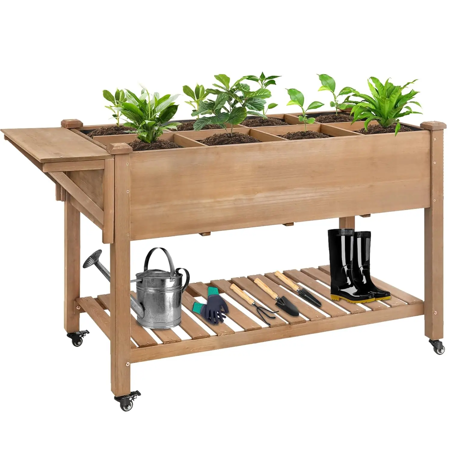 

Raised Garden Bed with Lockable Wheels Mobile Elevated Wood Planter,Storage Shelf, Protective Liner,55.5x24x32in (Brown)