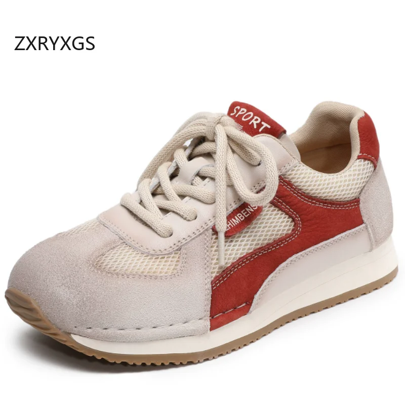 

ZXRYXGS 2026 Spring New Mesh Splicing Top Layer Cowhide Mixed Colors Women Trendy Sneakers Flat Non-slip Fashion Casual Sneakers