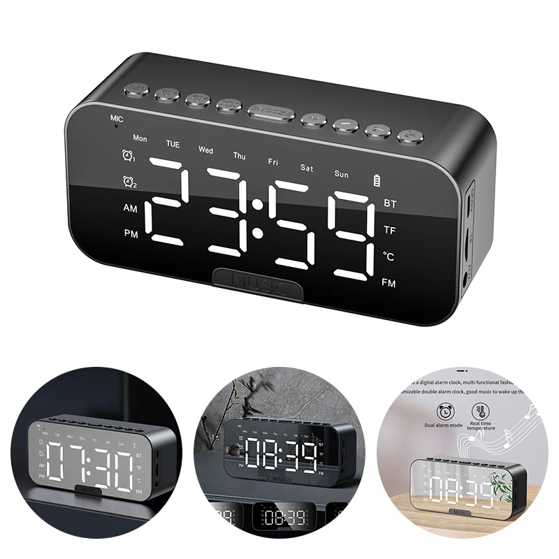 Bluetooth Speaker with Large LED Mirror Screen Digital Alarm Clock with FM Radio Phone Holder Temperature for Bedroom Office