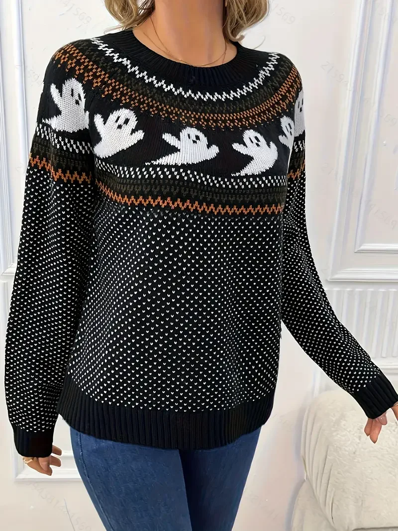 Cozy Halloween Christmas Ghost Crew Neck Sweater - Soft Knit Long Sleeve Pullover - Stylish Womens Winter Clothing for Casual