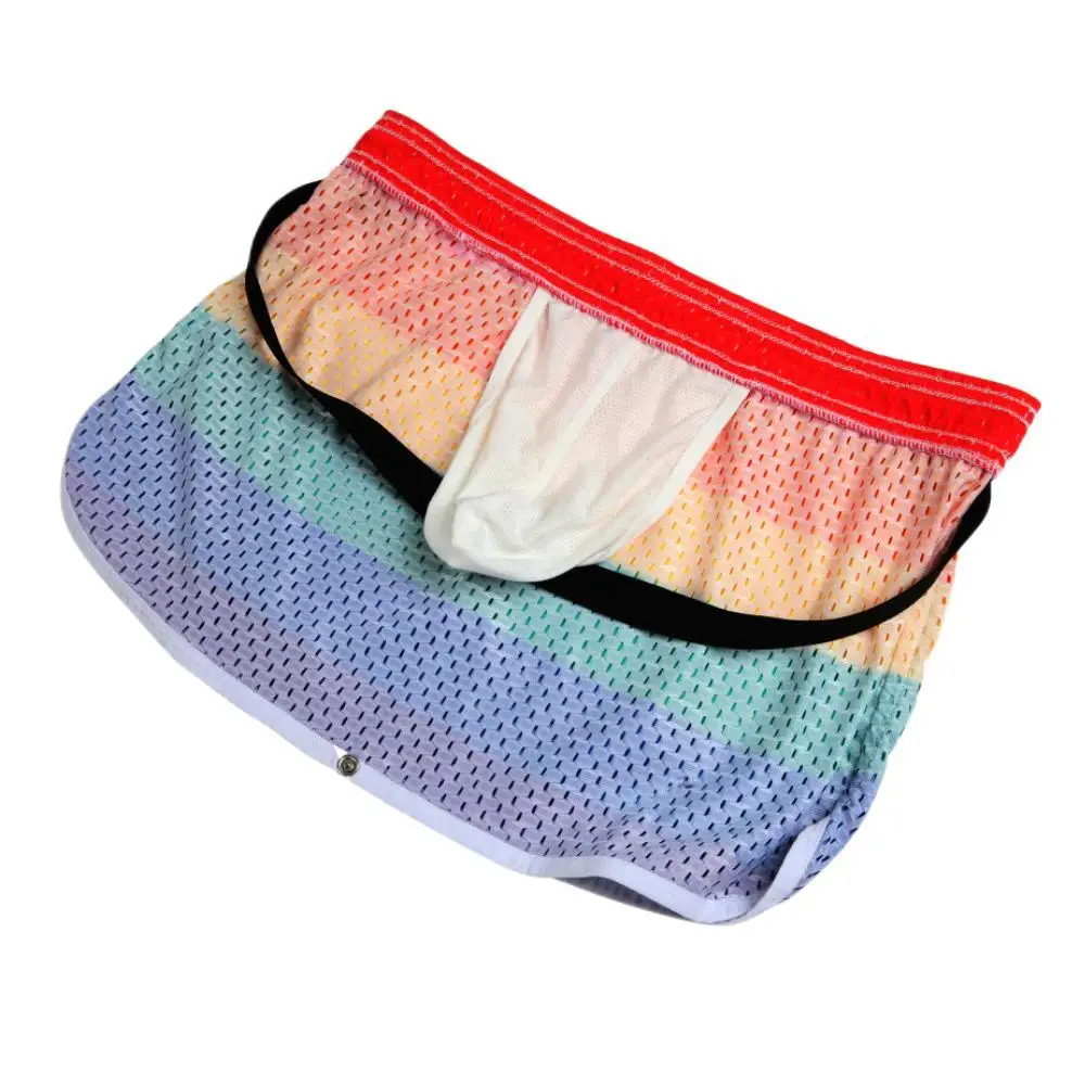 Men\'s Pajamas Shorts Skirts Breathable Mesh Elastic Underwear Boxer Shorts Sexy Homewear Men Sleep Bottoms Rainbow Shorts