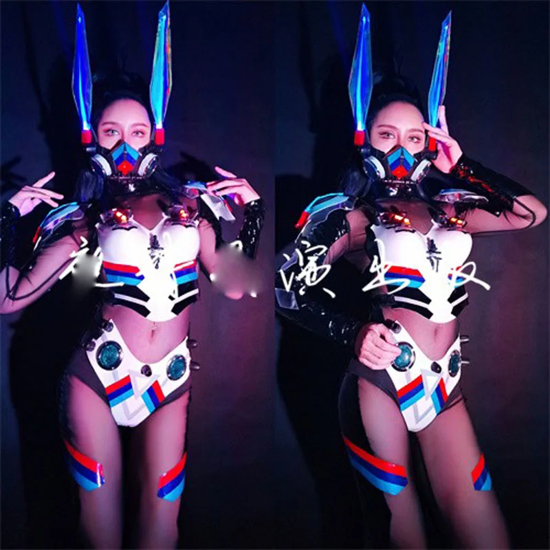 Nieuwe Future Party Show Doek Zwart tech lichtgevend konijntje meisje gogo toneelvoorstelling cyberpunk ds kostuumset