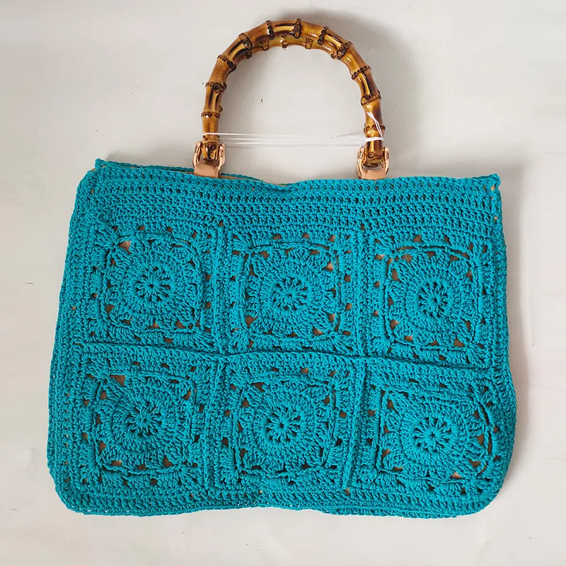 

Thai Style Hollowed Out Hook Flower Seaside Vacation Handbag Vintage Handmade Crochet Woven Bag with Flowers and Grass