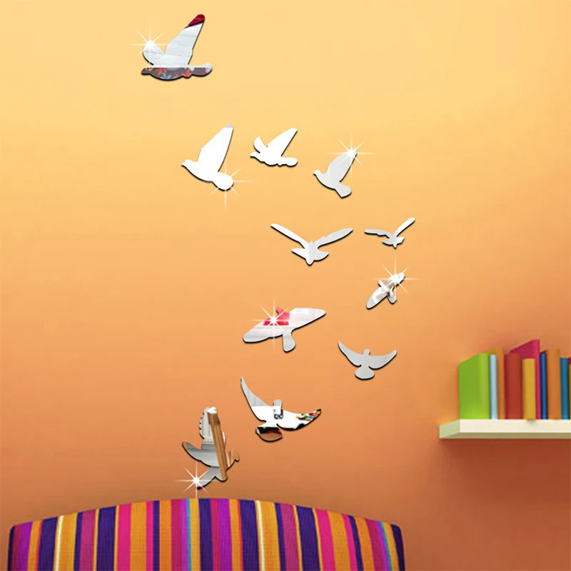 11Pcs Flying Birds Diy 3D Acrylic Mirror Wall Sticker Silver Removable Wall Decal Wall Decoration for Living Room Bedroom Home