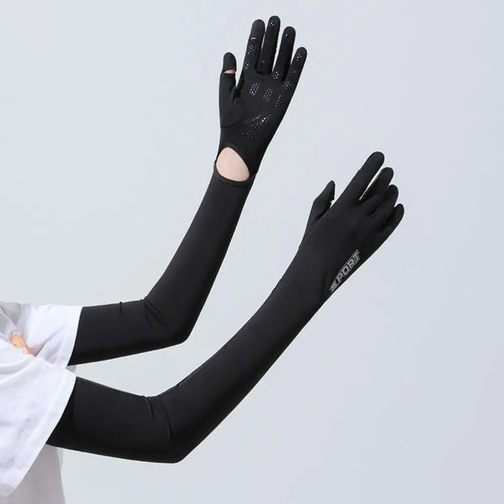 Mangas largas elásticas transpirables de seda de hielo, cubiertas de brazo con protección solar Anti-UV de Color sólido, guantes finos de ciclismo con aislamiento UV para verano