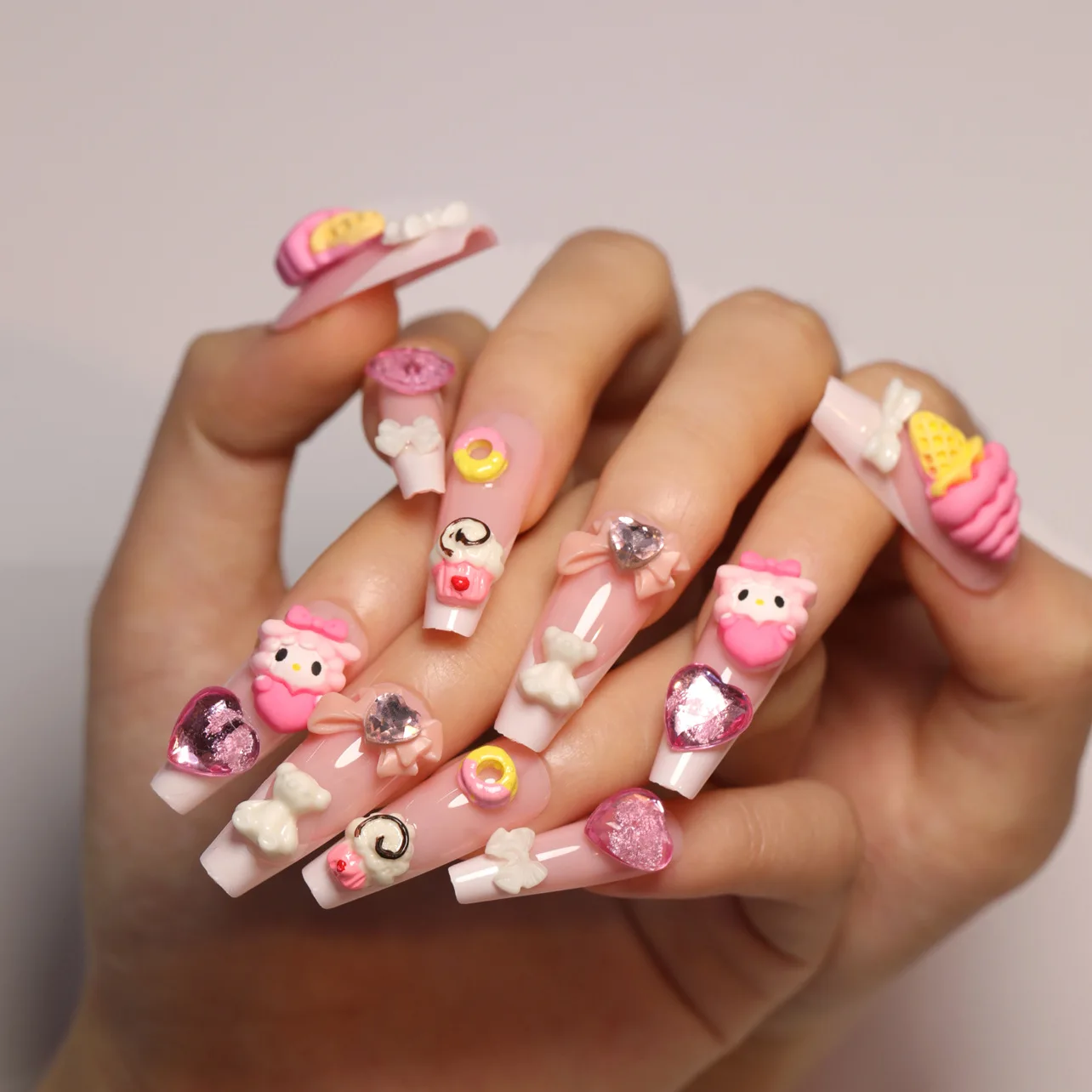 24pcs Sweet Lovely Fake Nails with 3D Pink Ice Cream Cone Flowers Design False Nail Patches Full Cover Korean Cute Press on Nail