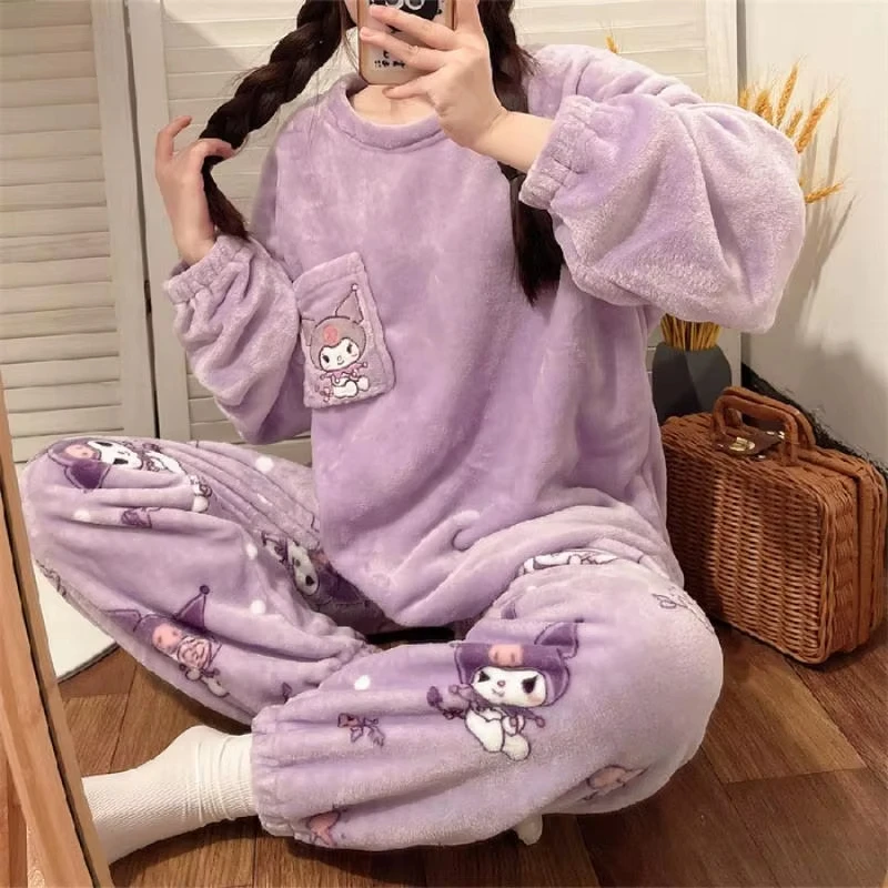 Sanrio Anime Hello Kitty Kawaii Woman Pajamas Round Neck Loungewear Flannel Coral Fleece Thicken Long Sleeves Pants Home Wear