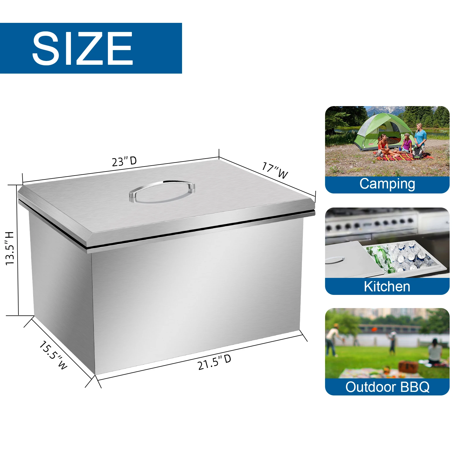 23 Inch Drop‑in Ice Bin SUS304 Stainless Steel 50QT Insulated Ice Cooler with Removable Lid & Drain Tube for Outdoor Kitchen BBQ