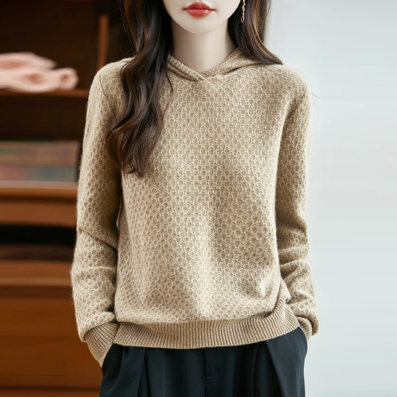 

Hooded hollow knitted sweater women's wool autumn and winter hoodie loose and lazy with hat base sweater hoodie
