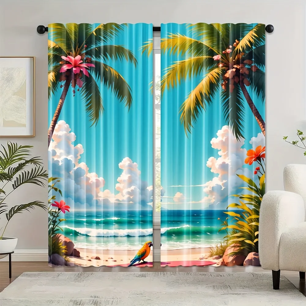 2pcs Watercolor Hawaiian Beach Curtains - Tropical Palm Tree & Ocean Scene Design, 100% Polyester Semi-Sheer Light Filtering Dra