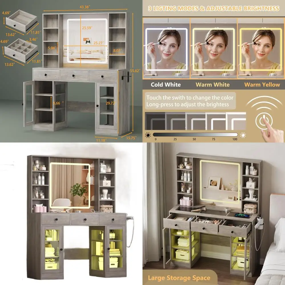 Modern White Vanity Table with Mirror, Glass Top, Drawers, 3 Lighting Modes, Power Outlet, RGB Cabinets for Girls & Women