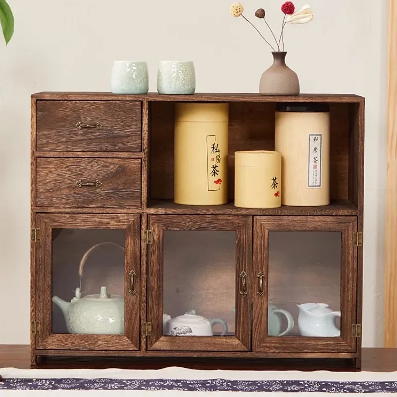 Wooden Box Kitchen Drawer Organizer for Tea Cup or Coffee Station Console Table Caddy W Glass Door Cabinet & Drawer