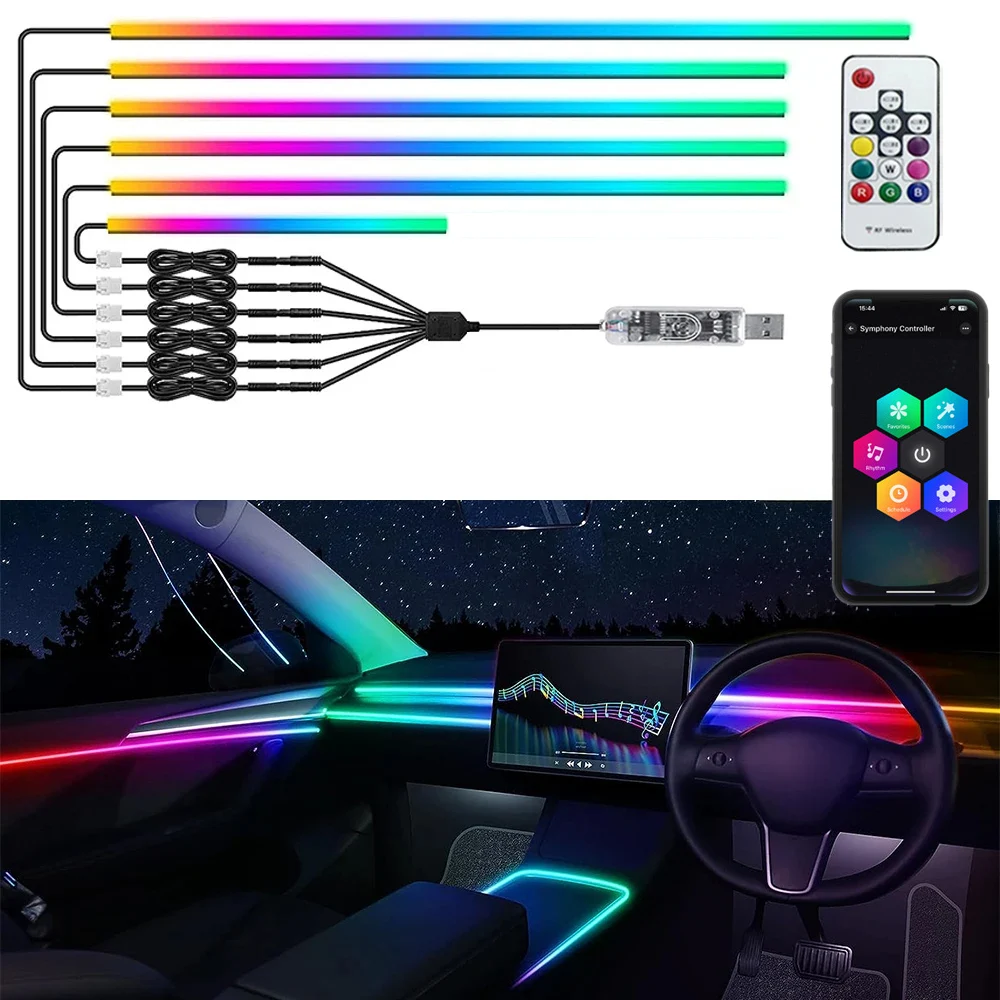 

110cm/43.3inch 6in1 Car Ambient Light Strip Universal LED Symphony RGB Atmosphere Lamp with USB APP Control Auto Rainbow Light