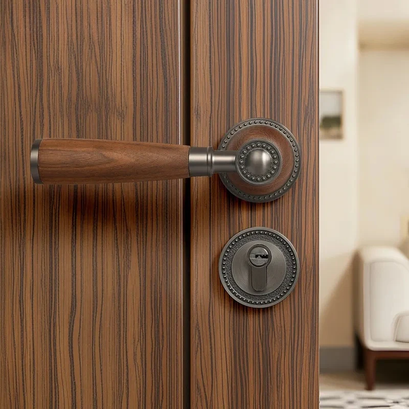 French Retro Walnut Split Lock Simple Universal Bedroom Office Magnetic Silent Lock Solid Wood Door Handle