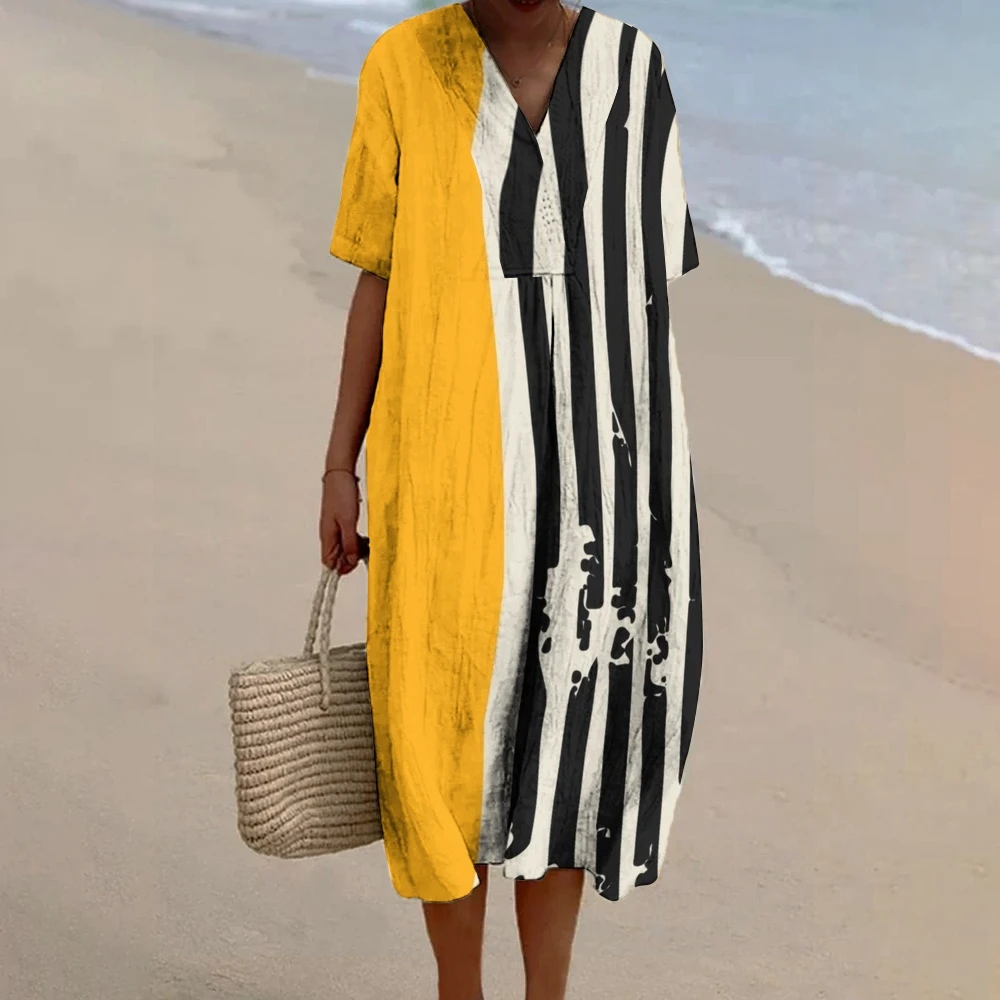 Asymmetrisches Muster, bedrucktes Leinenkleid, gelbes Maxi-Baggy-Kleid, Designer der Luxusmarke, Vintage-Stil, V-Ausschnitt, A-Linie, elegante Strandkleider