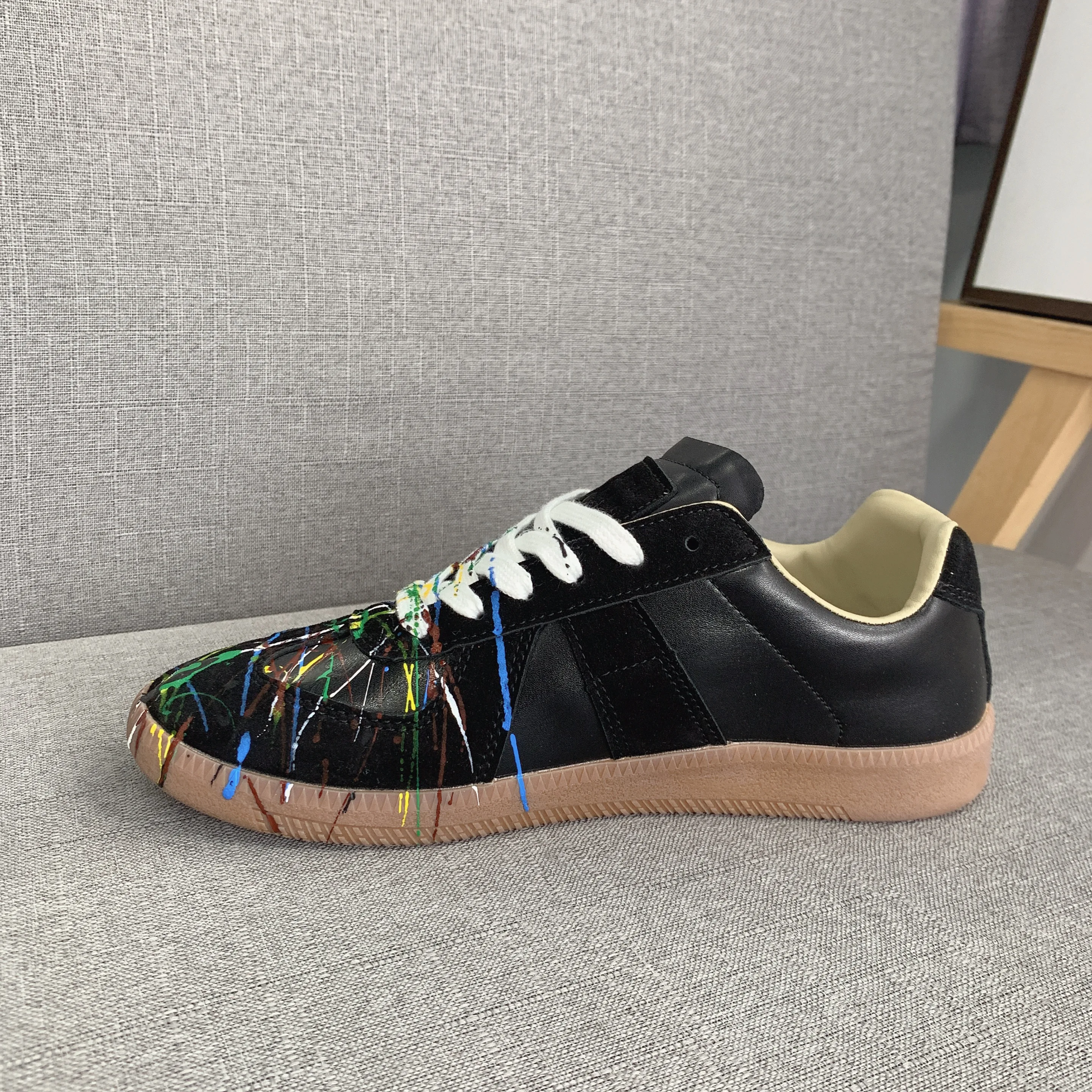 Flumenis Unisex Paint Splatter German Trainer Sneakers Retro Gum Sole Suede Casual Lace Up Flat Shoes Streetwear