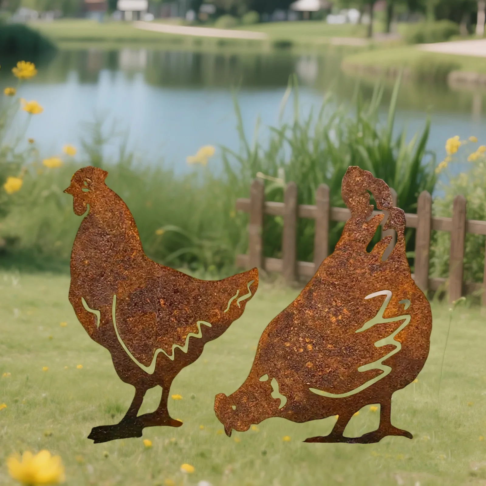

2 Pcs Courtyard Iron Hen Stake Decor Creative Garden Animal Ornament for Outdoor Lawn Yard Decoration