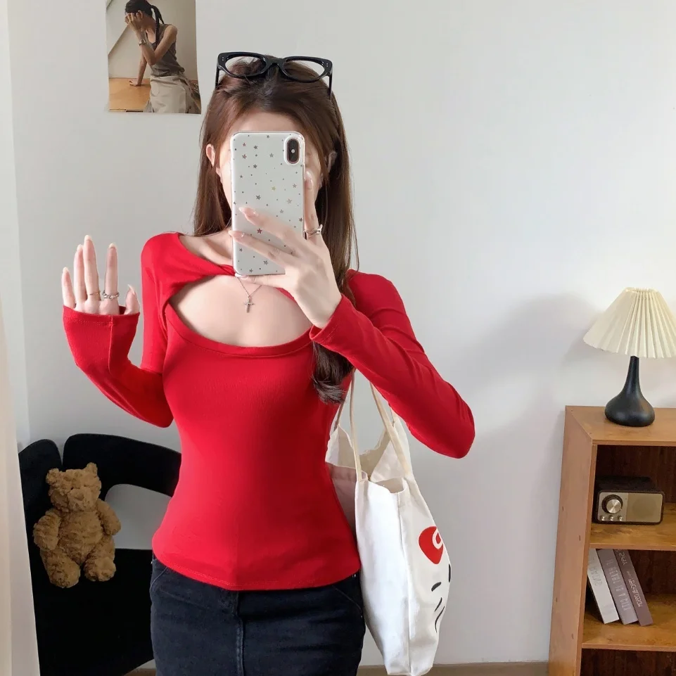 Spicy Girl Style Long Sleeve T-Shirt Women's Slim Fit Patchwork Design with Chest Pad Short Length Pure Color Autumn New Arri...