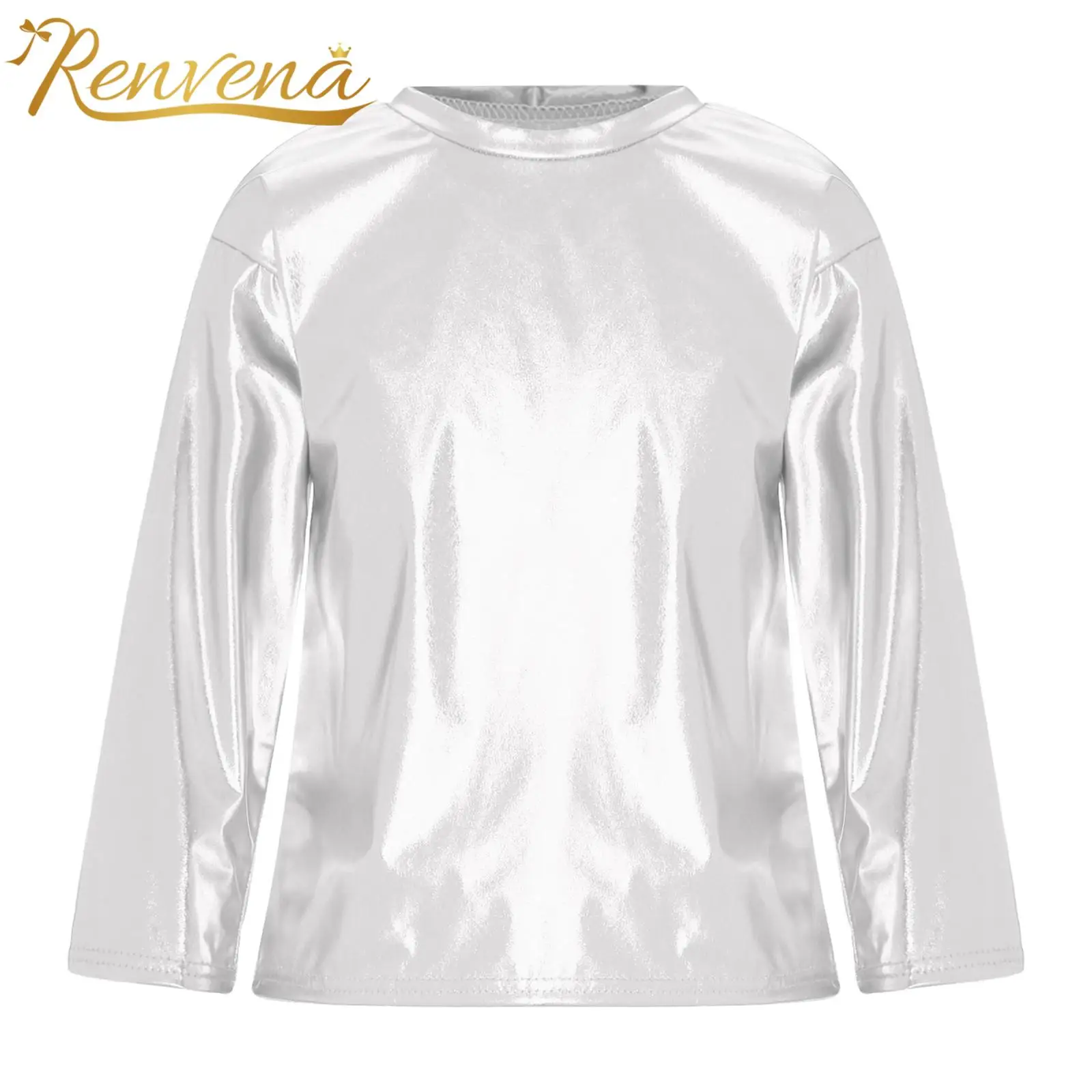 

Tshirts Kids Girls Boys Jazz Dance Costume Stage Performance Tops Fashion Childs Metallic Shiny Long Sleeve Round Neck T-shirt