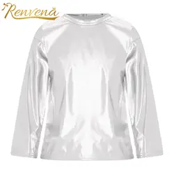 Tshirts Kids Girls Boys Jazz Dance Costume Stage Performance Tops Fashion Childs Metallic Shiny Long Sleeve Round Neck T-shirt