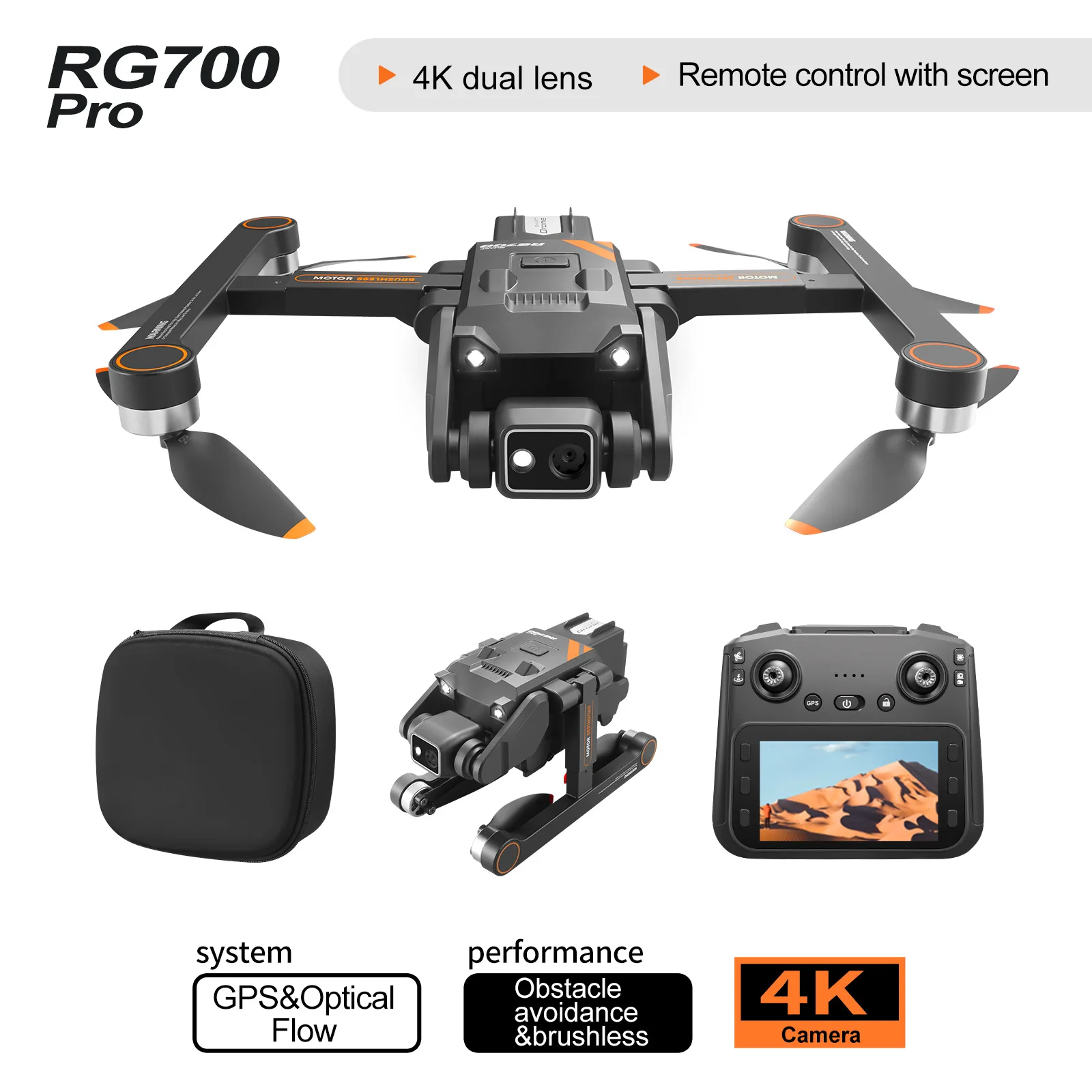 

RG700PRO GPS Drone with Screen Remote Control 4K Dual Camera Obstacle Avoidance Brushless Motor 5G WiFi FPV Foldable Quadcopter
