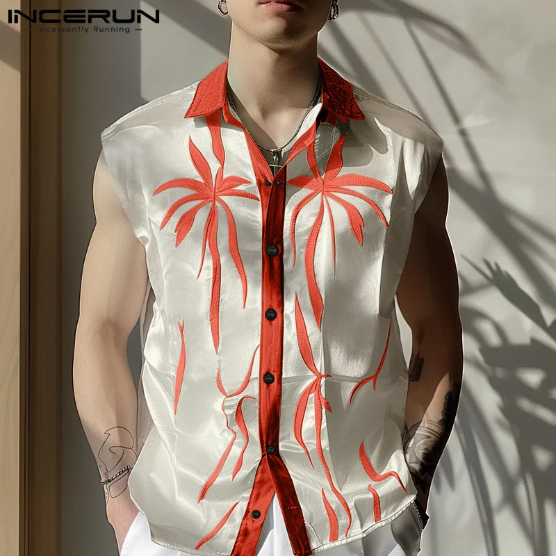 INCERUN Men\'s Shirt Lapel Sleeveless Button Printing Patchwork Casual Men Clothing Streetwear 2024 Summer Fashion Shirts S-5XL