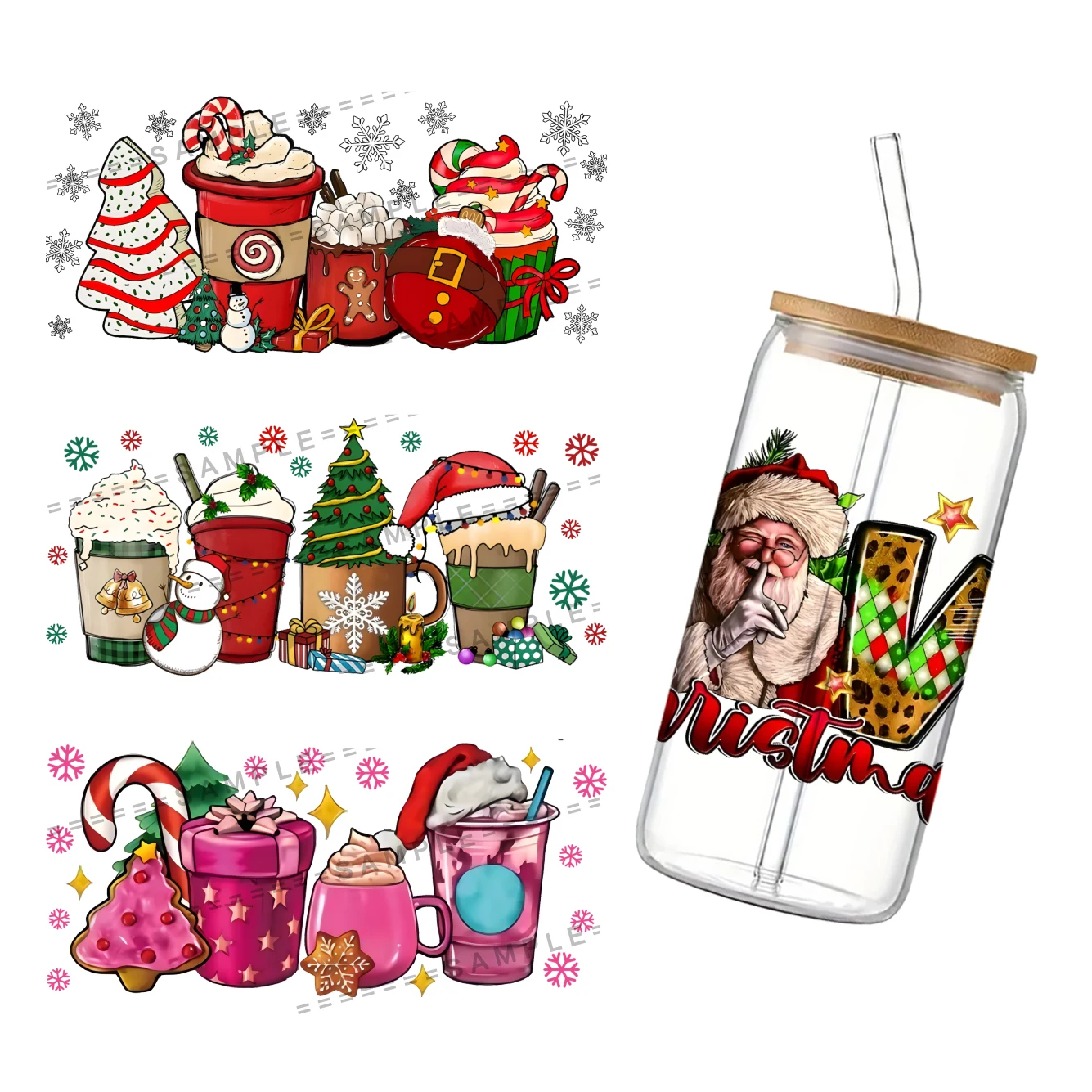 Christmas Series 16oz DTF Sticker Cups Cool Personalize UV Wrap Transfer Sticker Label DIY Logo Self Adhesive Waterproof Custom