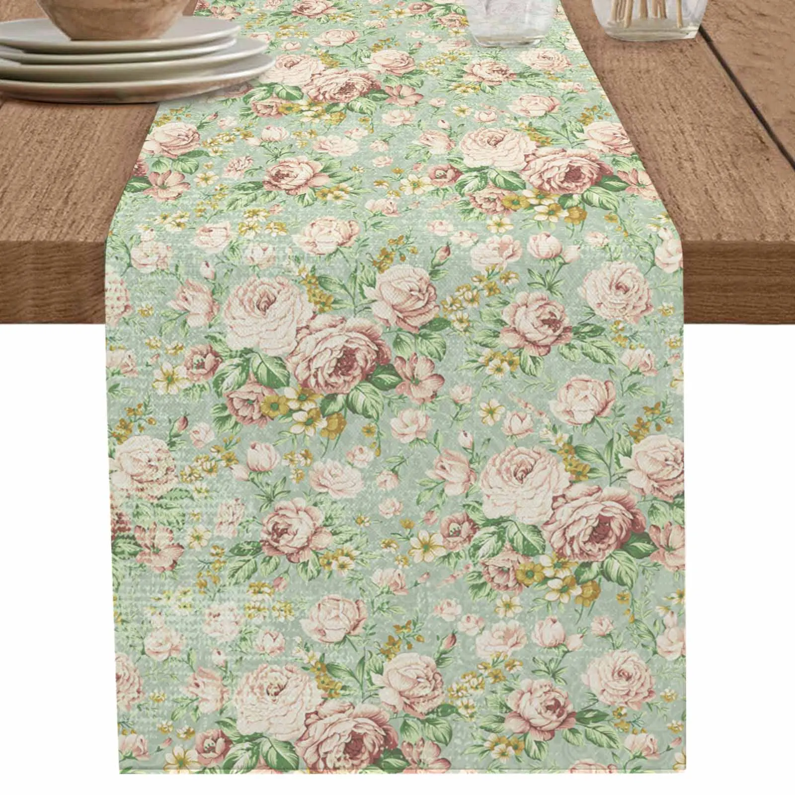 Flower Illustration Camellia Retro Runner Wedding Decor Table Cover Holiday Party Coffee Table Decoration Tablecloth