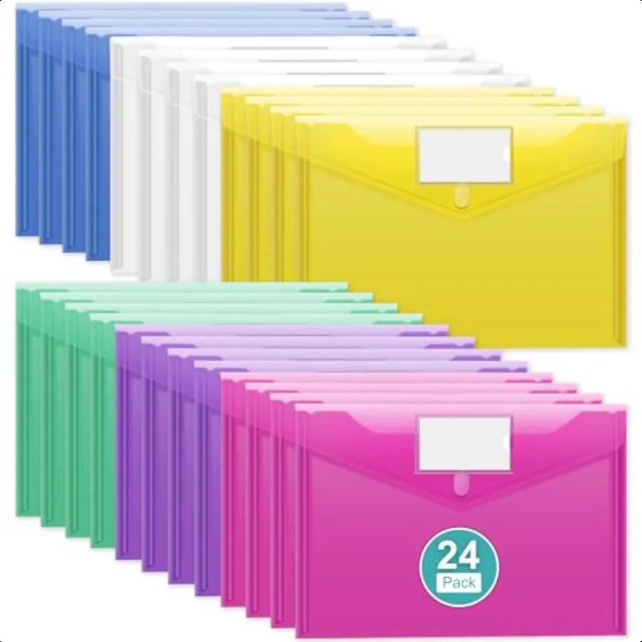 

24 Pack Plastic Envelopes A4 Letter Size File Folders Clear Poly Document Holders with Labels Waterproof Pocket Pouches for Sch